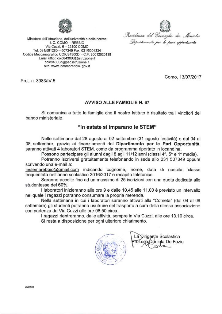 Avviso alle famiglie n. 67_Stem